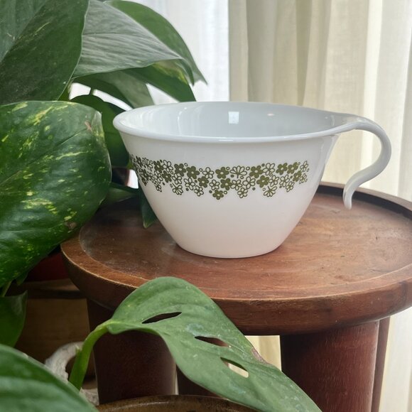 Vintage Green Floral Milk Glass Teacup 2 | 1960s Kitchen Decor | Cottage Kitchen - Picture 2 of 4